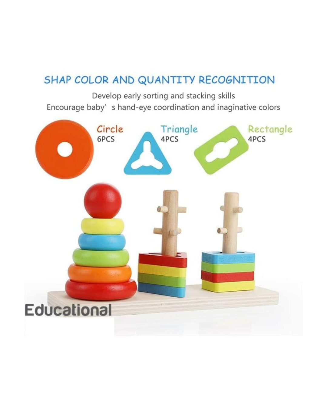 ToyStor Wooden Rainbow Stacker Shape Sorting Educational Toy.